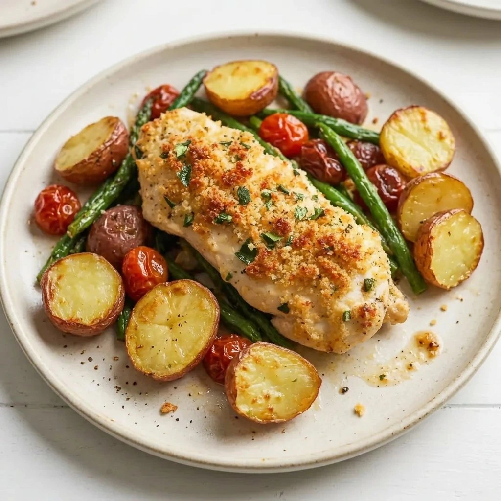 Parmesan Crusted Chicken Sheet Pan Dinner served on a plate, close up.