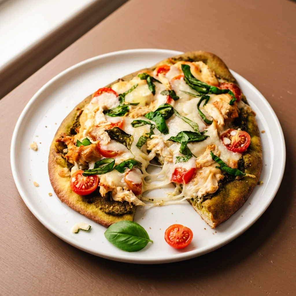 Chicken pesto flatbread with melted mozzarella, cherry tomatoes and basil on a white plate