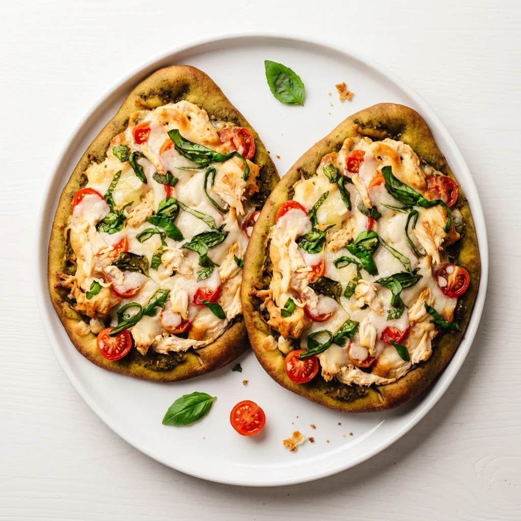Overhead view of two chicken pesto flatbreads with melted cheese and cherry tomatoes