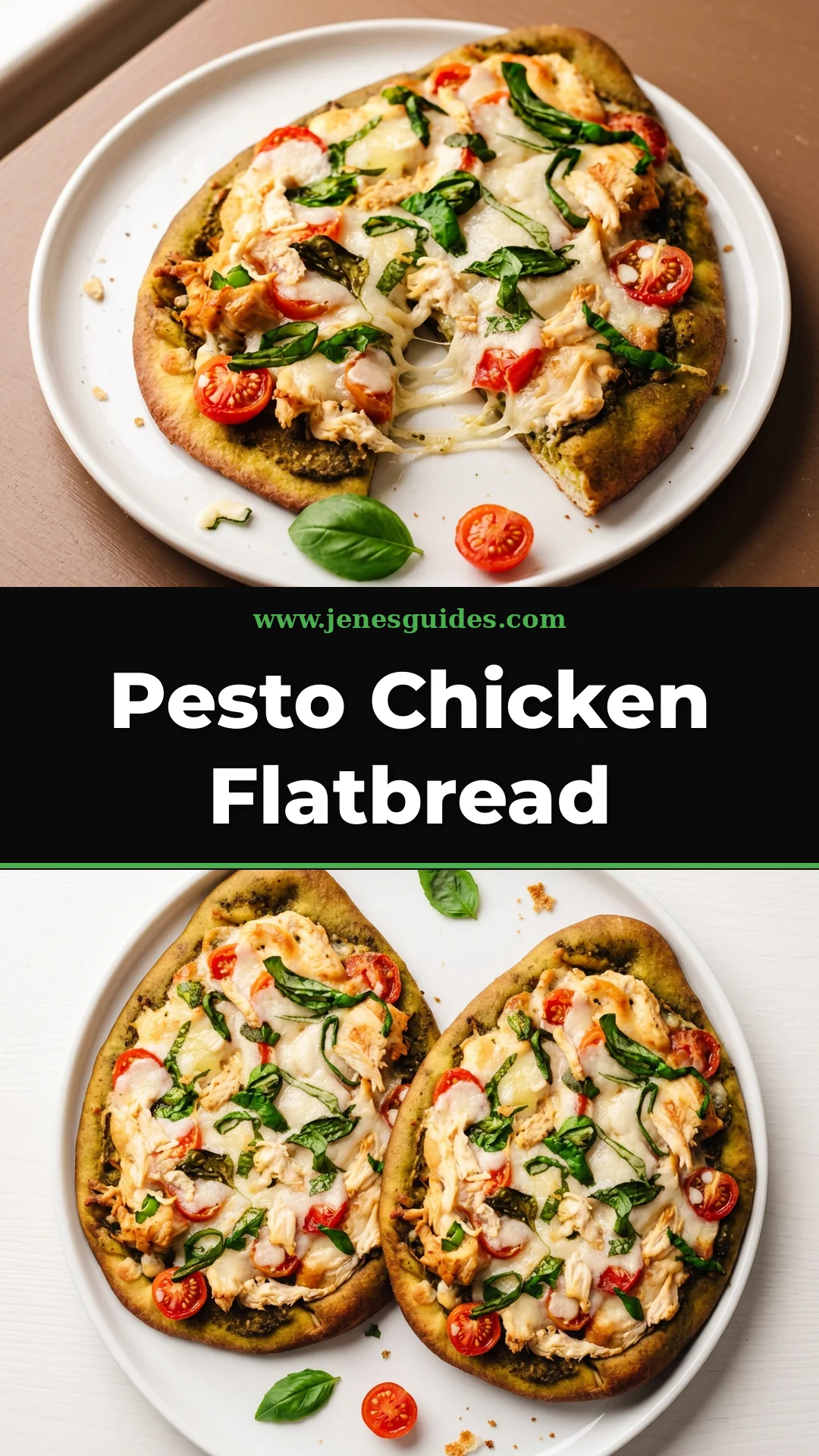 Pesto Chicken Flatbread recipe Pinterest pin from jenesguides.com
