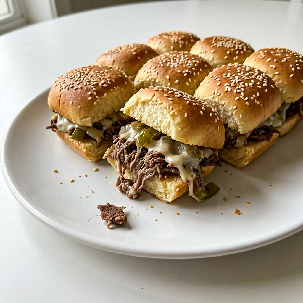 Philly cheesesteak sliders with shredded beef, peppers and melted cheese on a white plate