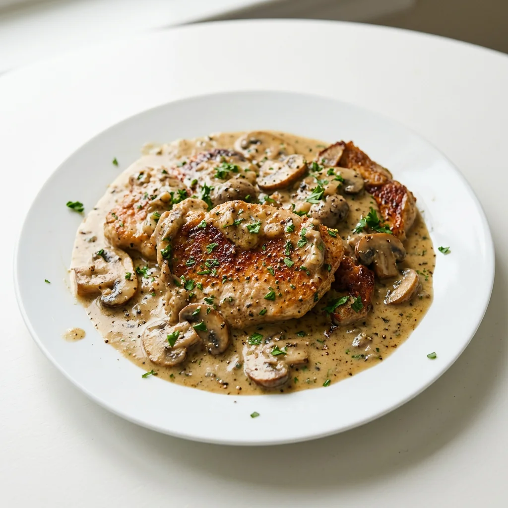 Pork chops smothered in creamy mushroom sauce served on a white plate
