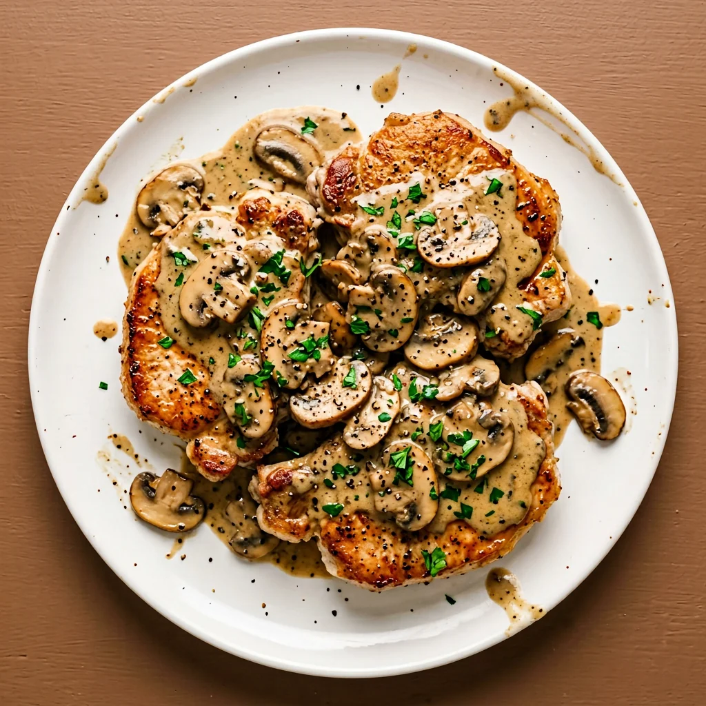 Overhead view of seared pork chops topped with mushroom cream sauce on a white plate