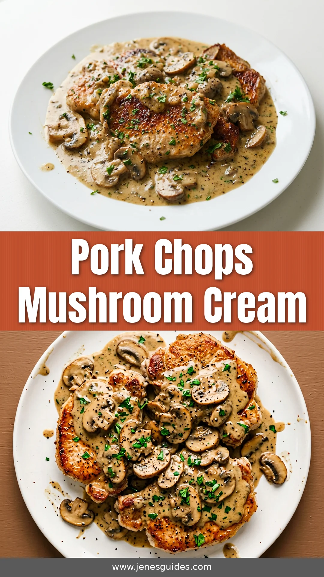 Pork Chops Mushroom Cream recipe Pinterest pin from jenesguides.com