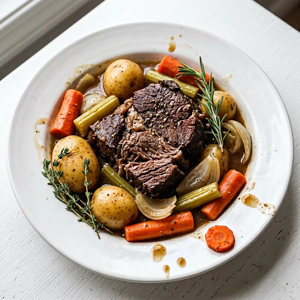 Tender pot roast with carrots, potatoes and celery in brown gravy on a white plate