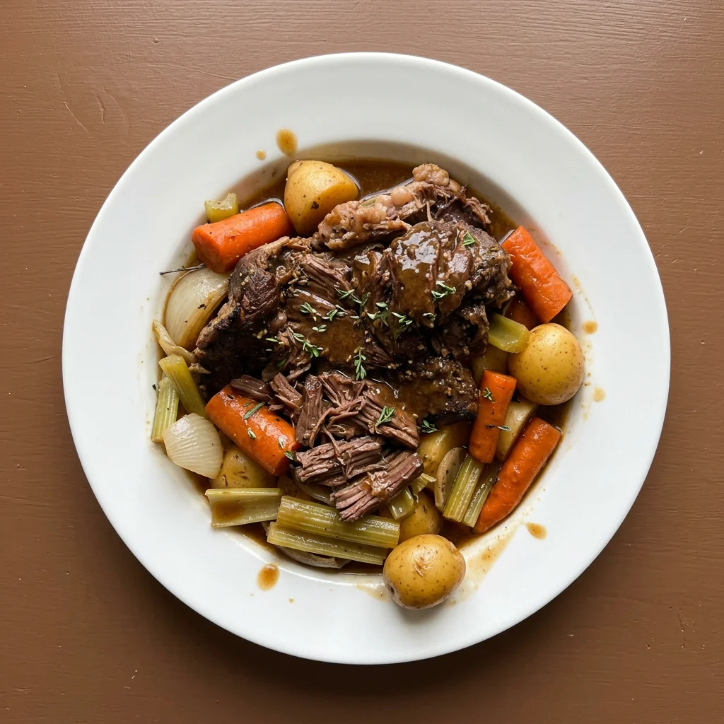 Overhead view of pot roast with carrots and potatoes covered in gravy