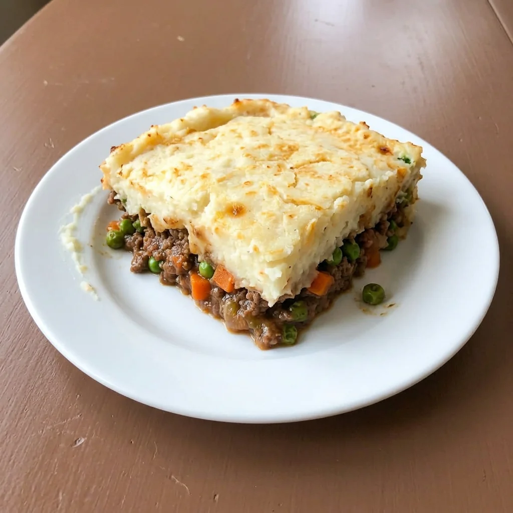 Shepherd's pie with ground beef and mashed potato topping served on a white plate