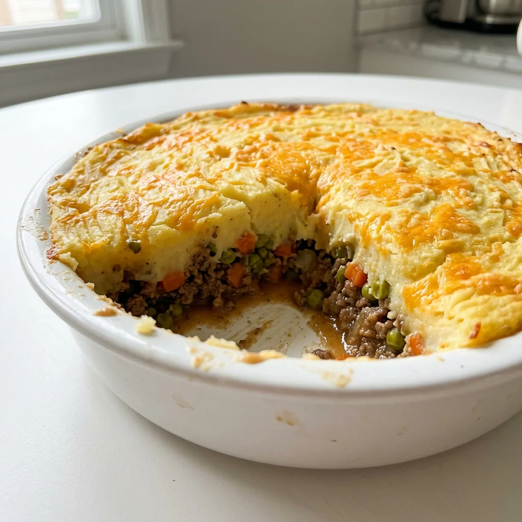 Shepherd's pie with ground beef in a white baking dish with a portion served out