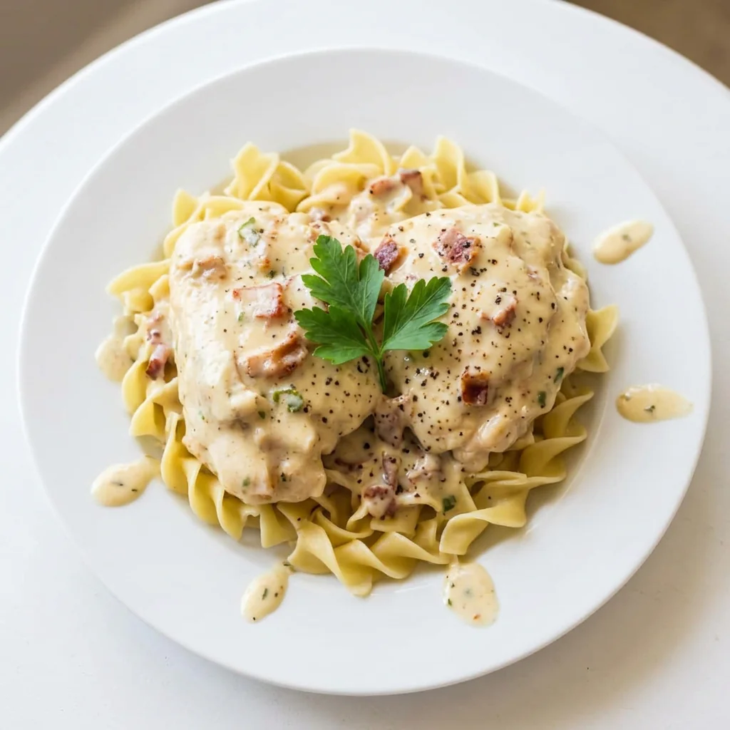 Slow cooker smothered chicken in creamy chive sauce with bacon over egg noodles
