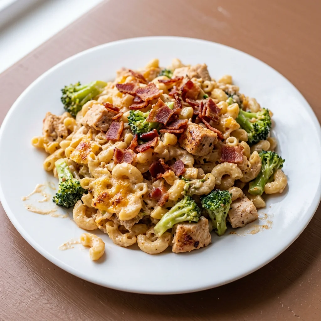 Smothered chicken casserole portion with pasta, broccoli and bacon on a white plate
