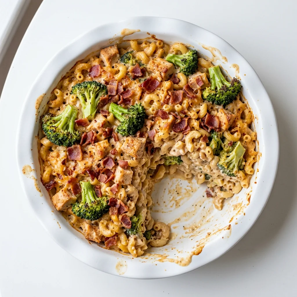 Overhead view of smothered chicken casserole in a white baking dish with a portion served out