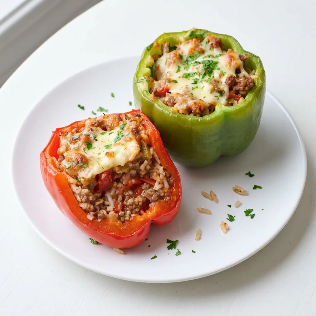 Stuffed bell peppers with ground beef and rice topped with melted cheese on a white plate