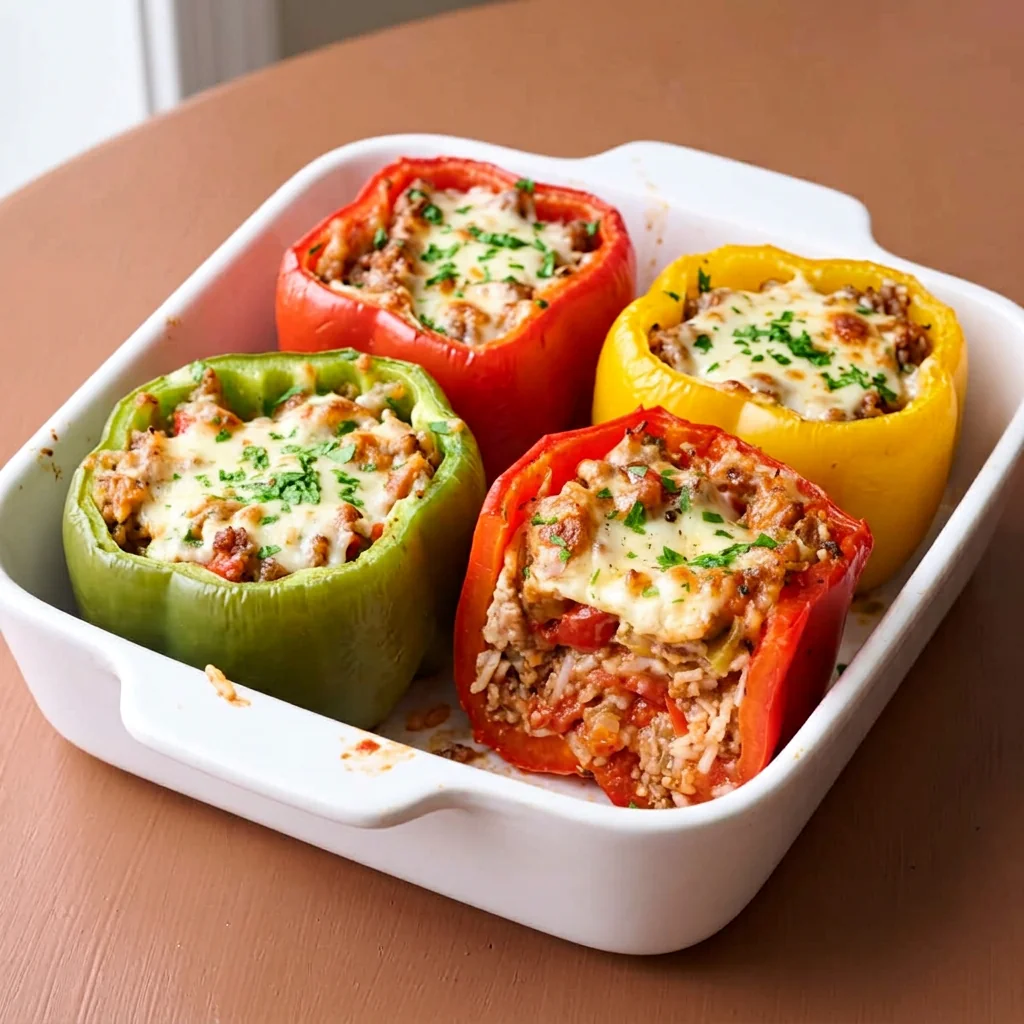 Stuffed bell peppers with rice and beef in a white baking dish, one cut open