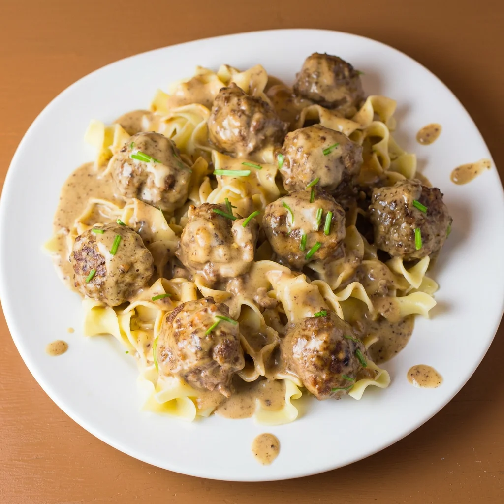 Swedish meatballs in creamy gravy over egg noodles on a white plate