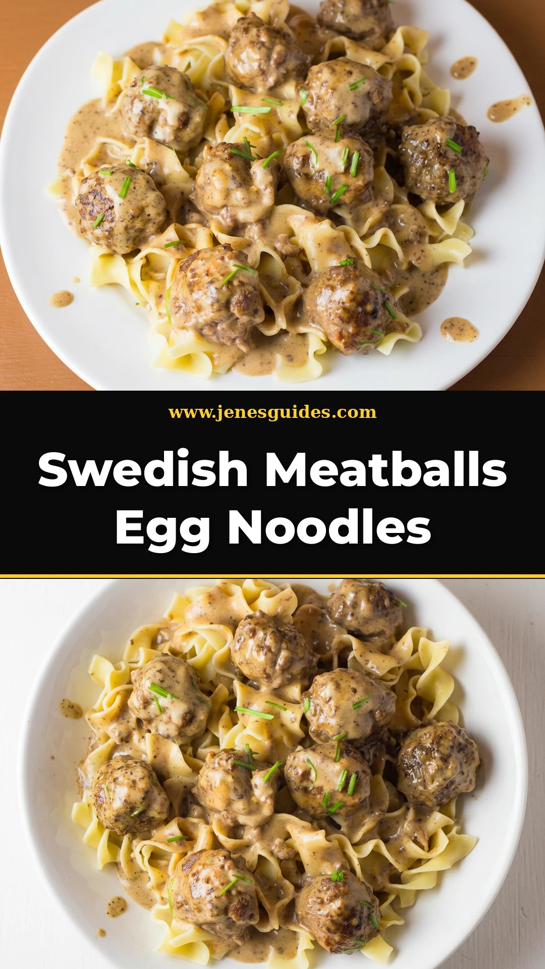 Swedish Meatballs Egg Noodles recipe Pinterest pin from jenesguides.com