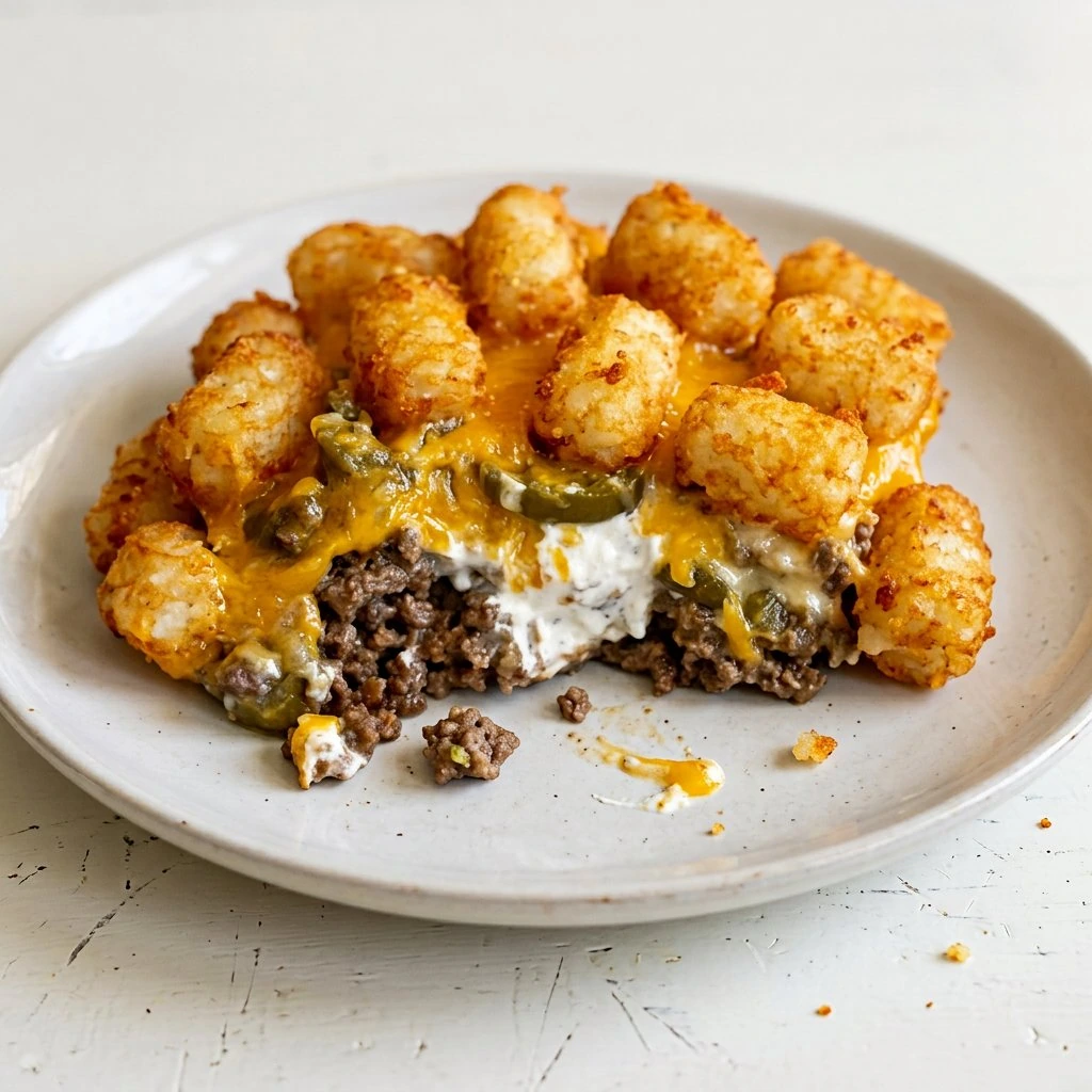 Simple and Delicious Tater Tot Casserole Recipe served on a plate, close up.