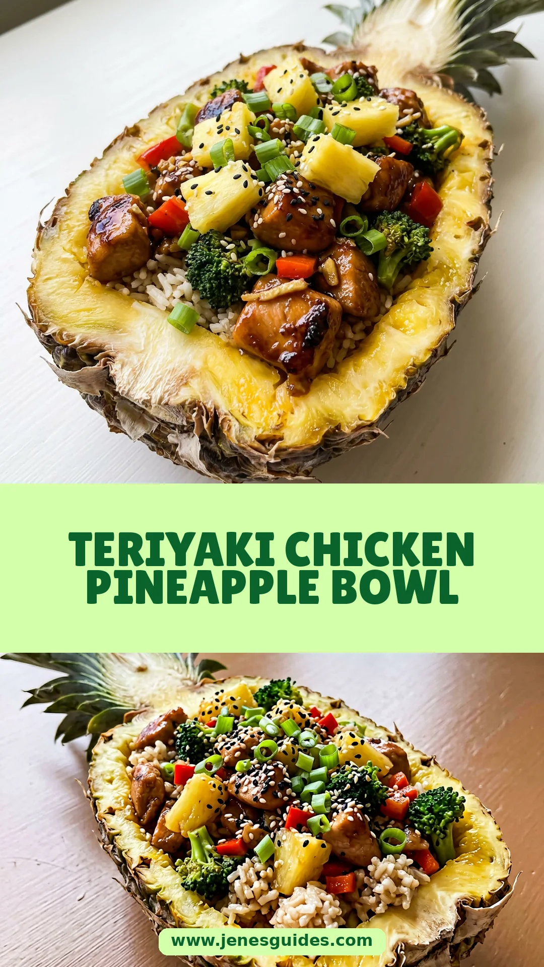 Teriyaki Chicken Pineapple Bowl Pinterest pin   www.jenesguides.com