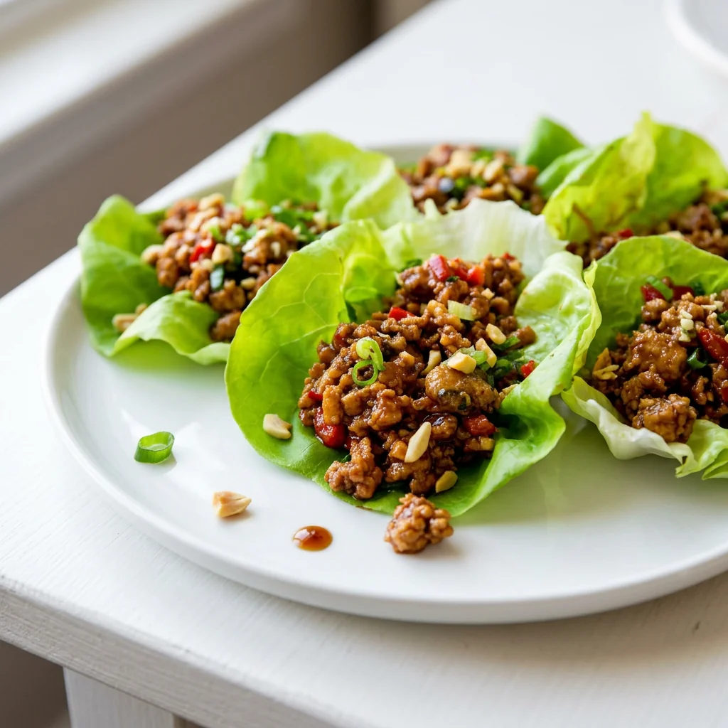 Turkey lettuce wraps in butter lettuce cups with green onions and crushed peanuts on a white plate