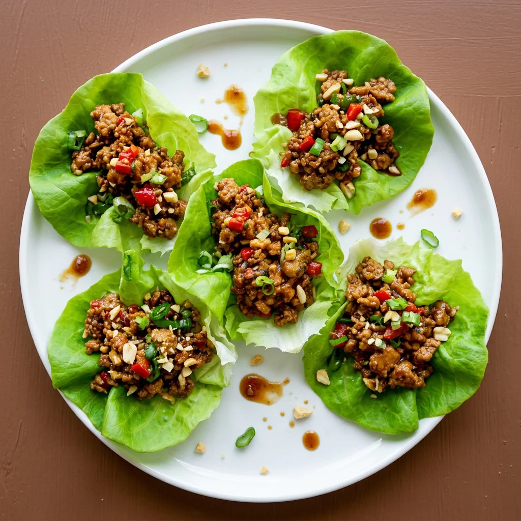 Overhead view of turkey lettuce wraps with hoisin sauce drizzle on a white plate